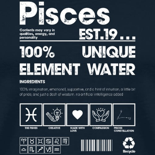 Pisces zodiac sign label with text and symbols on a dark background