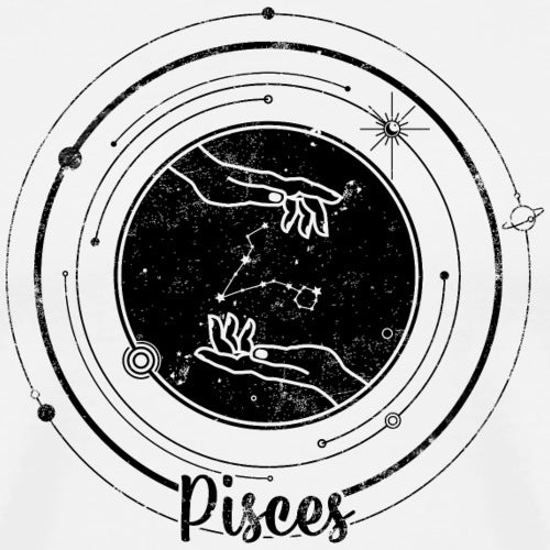Pisces zodiac sign illustration with hands holding a constellation on a white background