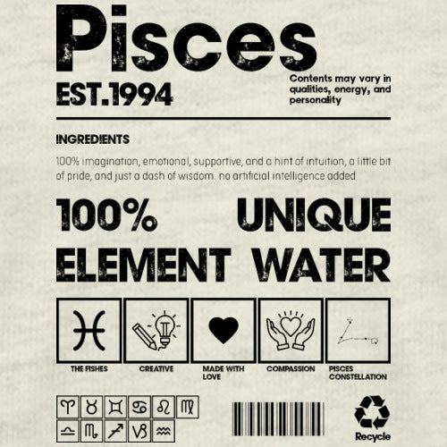 Pisces zodiac sign label with text and symbols on a beige background