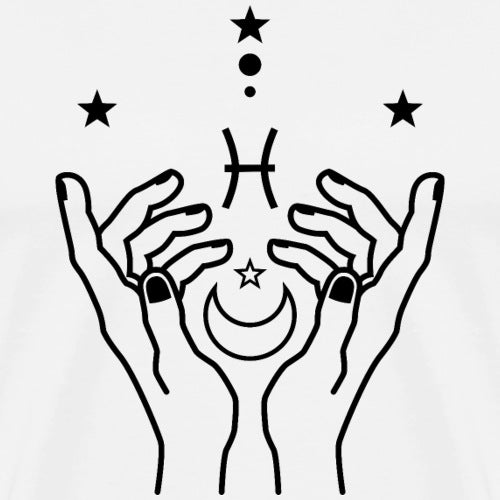 Sacred Pisces zodiac symbol held by open hands, surrounded by stars and moon on a minimalist white canvas.