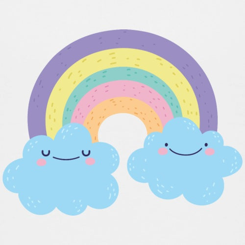 Pastel rainbow with two smiling clouds on a light purple background