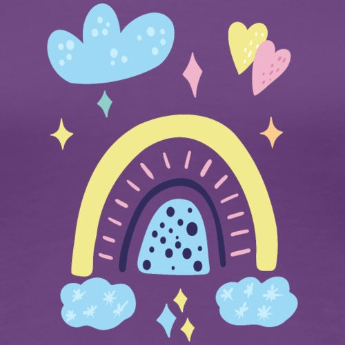 Colorful rainbow with clouds, hearts, and stars on a purple background