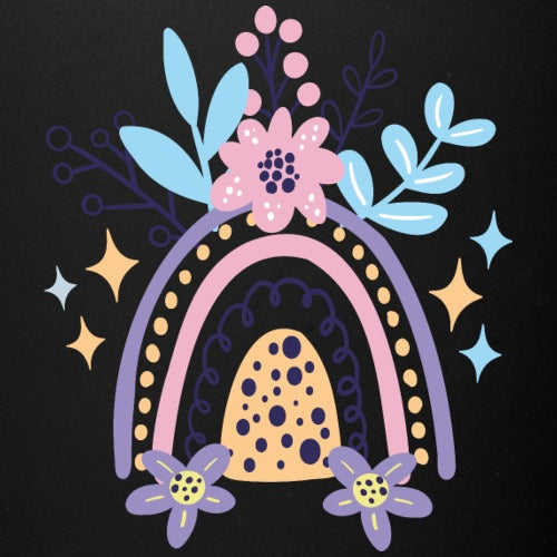 Decorative design with a rainbow, flowers, and stars on a black background