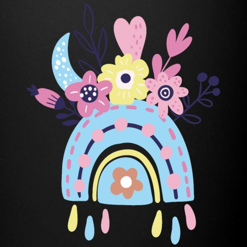 Colorful rainbow and floral design on a black background