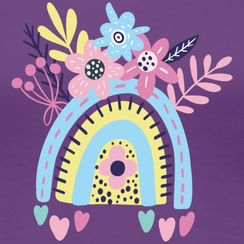 Colorful illustration of a rainbow with flowers and hearts on a purple background