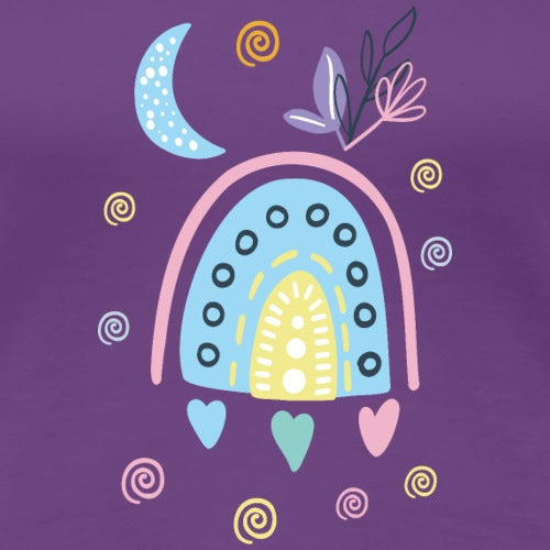 Colorful illustration of a rainbow, moon, and hearts on a purple background