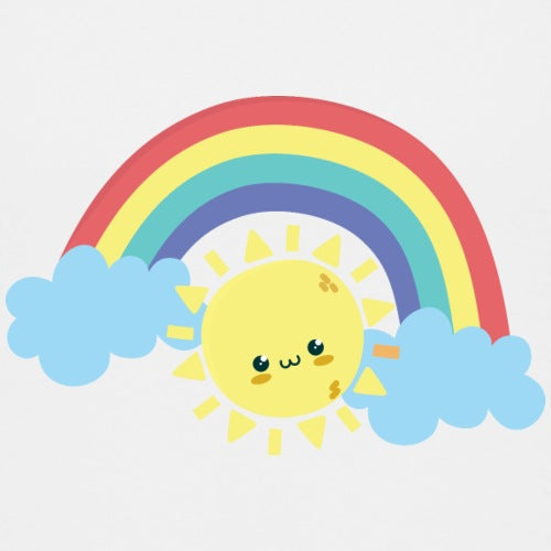 Cartoon sun with rainbow and clouds on a light gray background