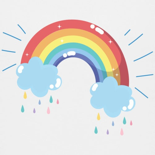 Cartoon rainbow with two blue clouds and colorful raindrops on a light gray background
