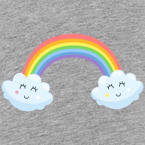 Gray sweatshirt with a rainbow and cloud design on a gray background