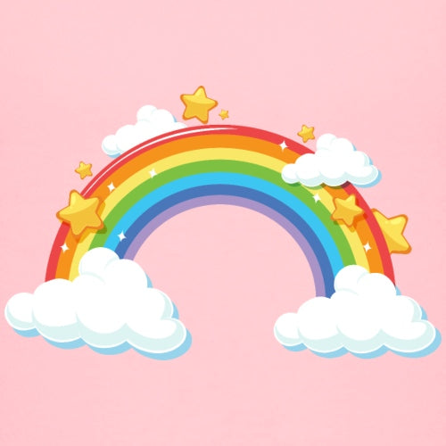 Cartoon rainbow with stars and clouds on a pink background