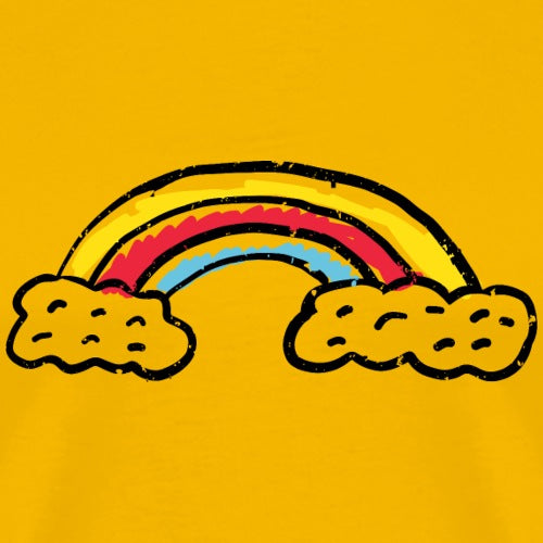 Simple rainbow design with clouds on a yellow background