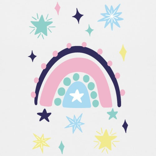 Colorful rainbow and star pattern on a light blue background