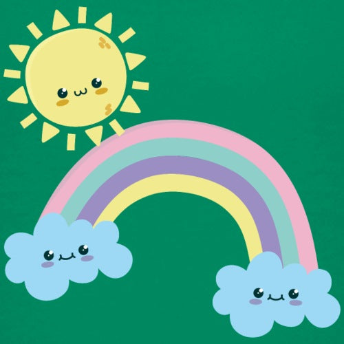 Cartoon sun, rainbow, and clouds on a green background