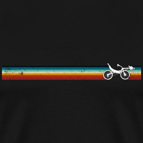Black t-shirt with a white bicycle graphic and colorful stripe on a black background