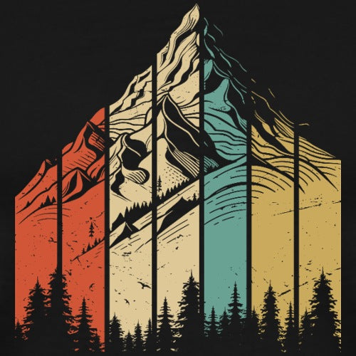 Colorful mountain and forest silhouette design on a black background