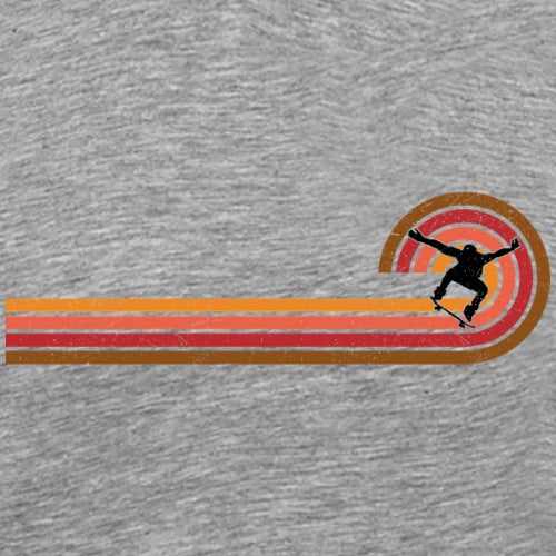Gray t-shirt with a graphic of a skateboarder and colorful stripes on a textured background