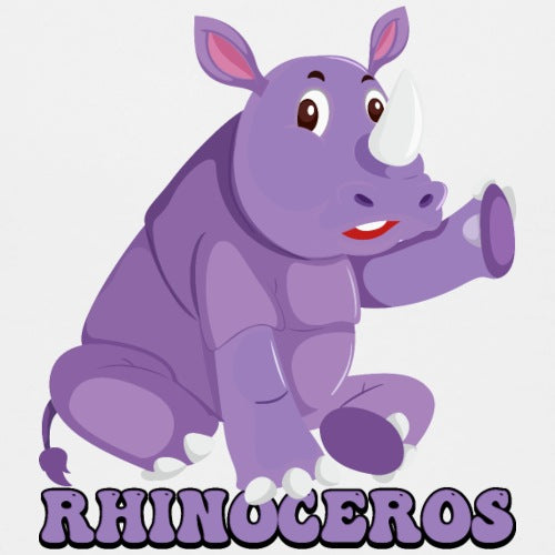 Cartoon rhinoceros in purple with RHINOCEROS text below on a light purple background