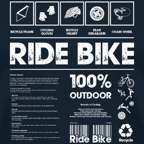 Product packaging with bicycle-related icons and text on a dark background