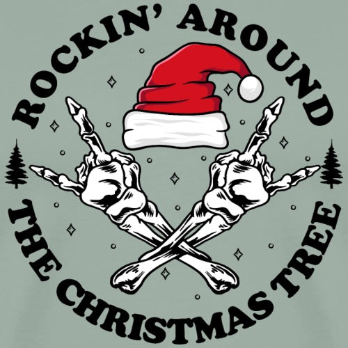 Design with crossed fingers, Santa hat, and 'Rockin' Around the Christmas Tree' text on a gray background