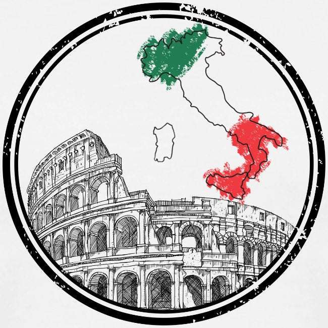 Illustration of the Colosseum with a map of Italy in Italian flag colors inside a circular border.
