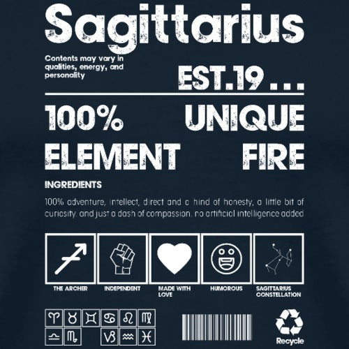 Sagittarius zodiac sign design with text and symbols on a dark background