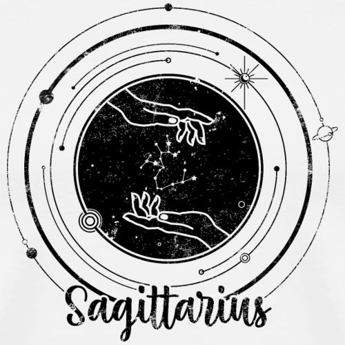 Sagittarius zodiac sign illustration with hands and constellation in a circular design.