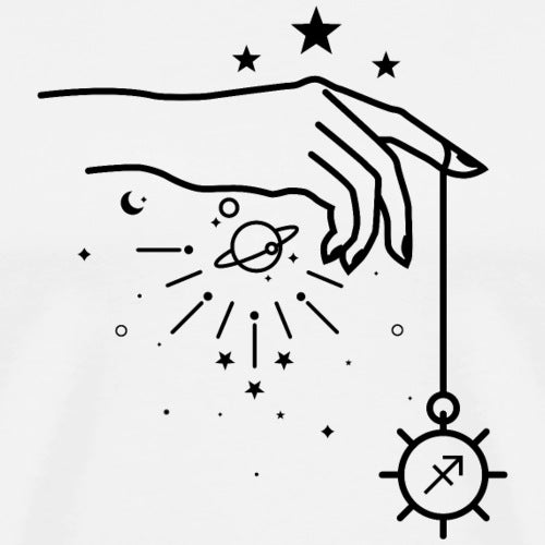 Illustration of a hand holding a compass with celestial elements on a white background