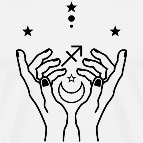 Sacred Sagittarius zodiac symbol held by open hands, featuring stars and an arrow on a minimalist white canvas.