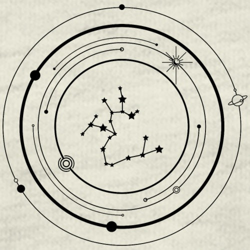 Star constellation diagram with circular orbit lines on a beige background.