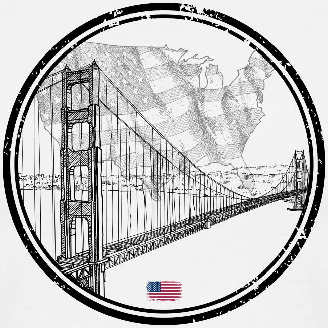 Black and white illustration of the Golden Gate Bridge with a map of California in the background.