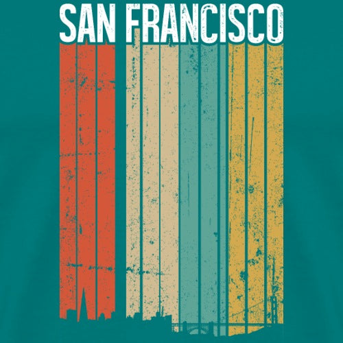 Vintage-style 'San Francisco' design with vertical stripes in red, beige, and blue on a teal background.