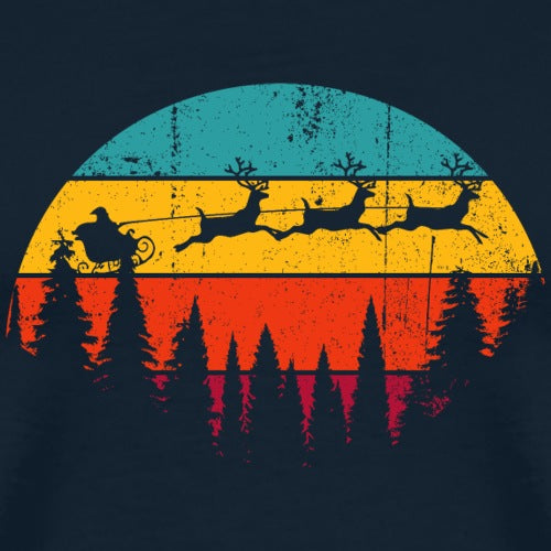 Vintage-style graphic of Santa Claus in a sleigh with reindeer against a sunset sky with trees in the foreground.