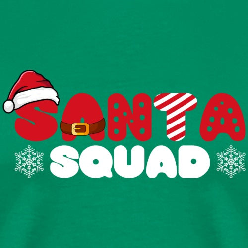 Green shirt with 'Santa Squad' text and Christmas-themed graphics on a green background