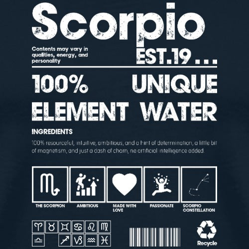 Scorpio zodiac sign product label with text and icons on a dark background