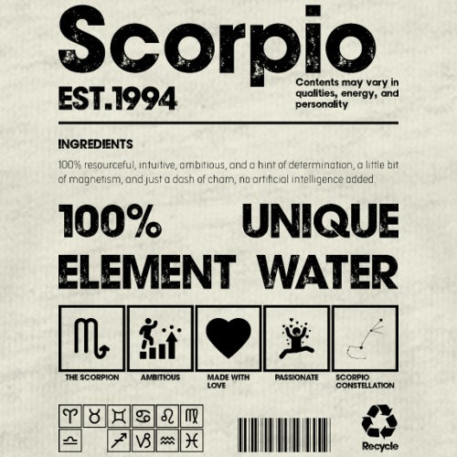 Scorpio zodiac sign product label with text and symbols on a beige background