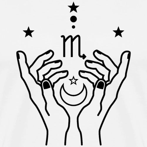 Black line art of hands holding a moon and star symbol on a white background