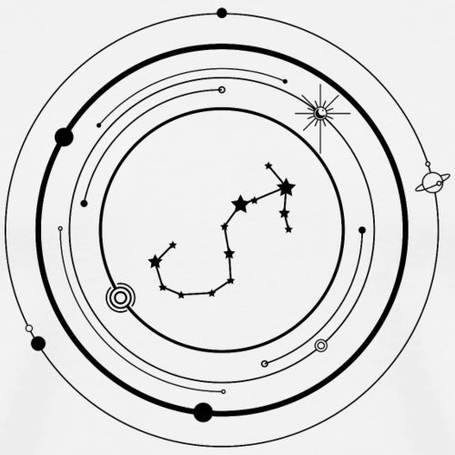 scorpio zodiac constellation diagram with celestial bodies and orbits on a white background