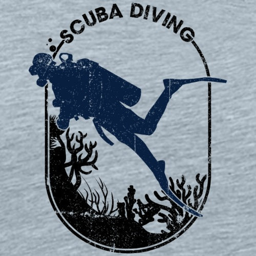 Scuba diving graphic with a diver and underwater scene on a light gray background