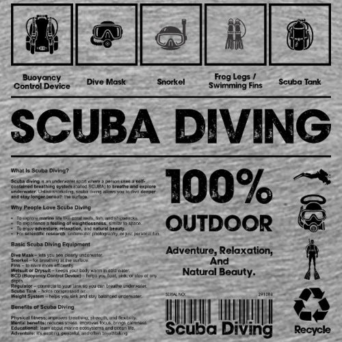 Scuba diving equipment icons and text on a gray background