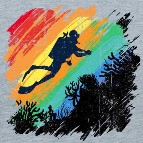 Colorful abstract design with a silhouette of a person diving into water.