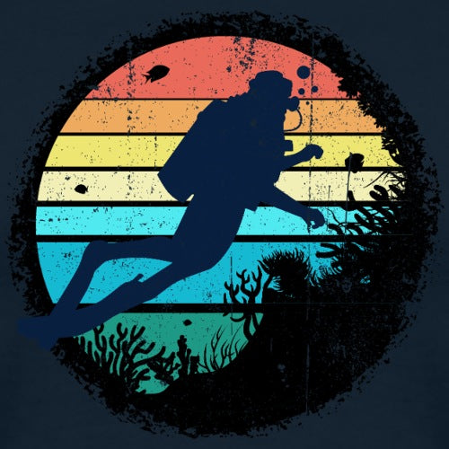 Silhouette of a diver against a colorful sunset with underwater elements