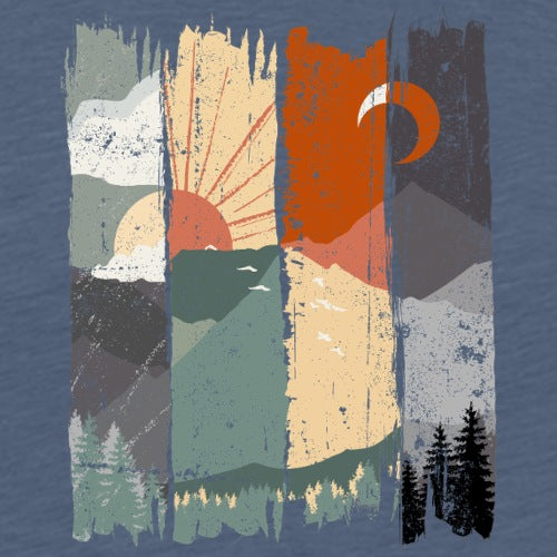 Artistic depiction of a mountain landscape with trees and sun on a blue background