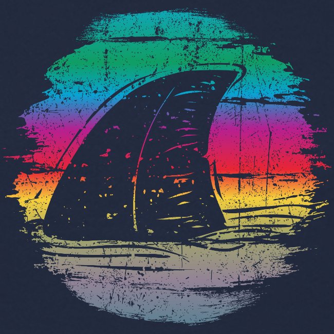 Colorful abstract design with a shark fin on a dark background