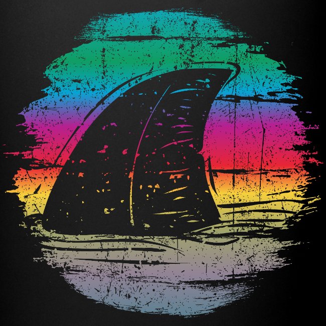 Men’s premium t-shirt featuring colorful abstract design with black shark fin silhouette on dark background, ideal for ocean lovers and bold marine-themed fashion