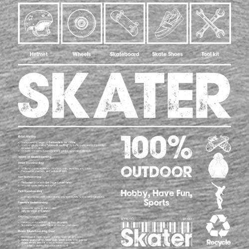 Gray t-shirt with white graphic design and text about skateboarding equipment and 'SKATER' brand.