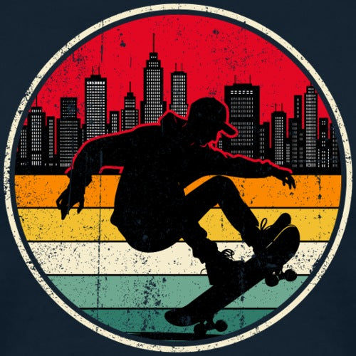Silhouette of a skateboarder against a city skyline with a colorful gradient background