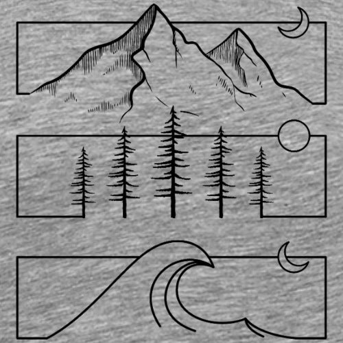 Black line art of a mountain, trees, and wave on a gray background