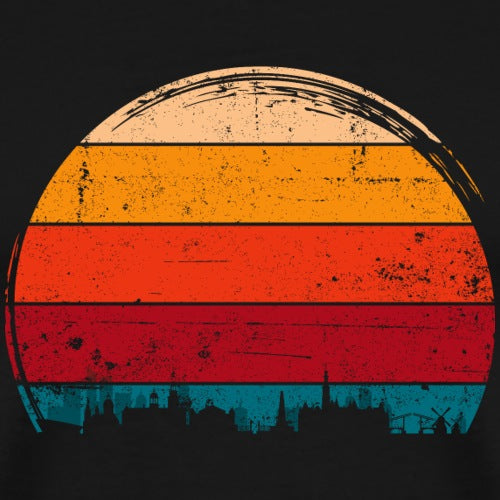 Sunset design with orange, red, and blue colors on a black background