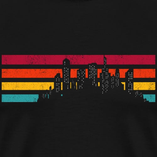 City skyline silhouette with colorful horizontal stripes on a black background