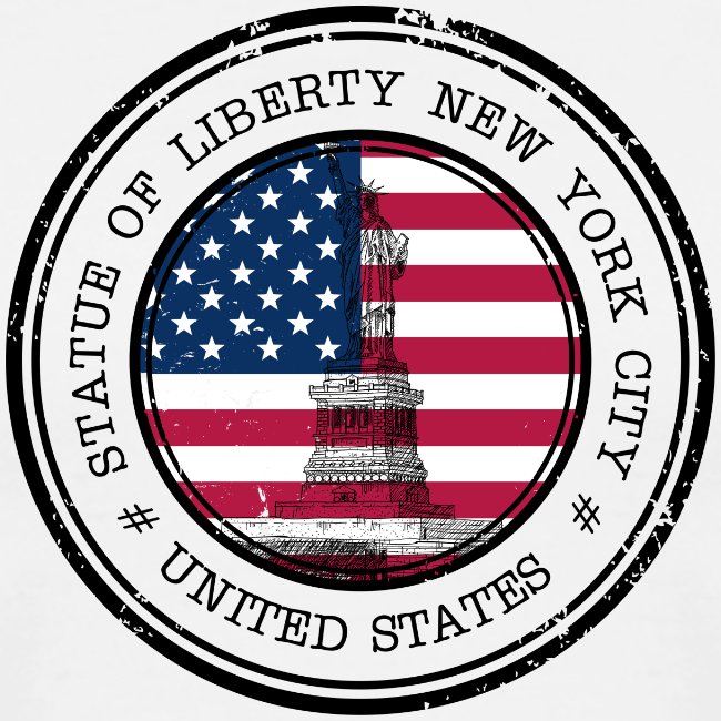 Design of the Statue of Liberty with an American flag inside a circular border with text.
